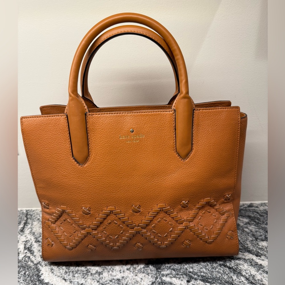 Kate Spade Flynn Street Meriweather Satchel Bag Warm Cognac Tan Braid Weave
